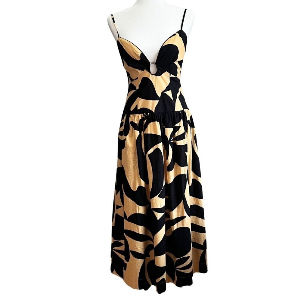 NWT MON RENN SURREAL BLACK YELLOW KEYHOLE SPAGHETTI STRAPS MIDI DRESS - XS